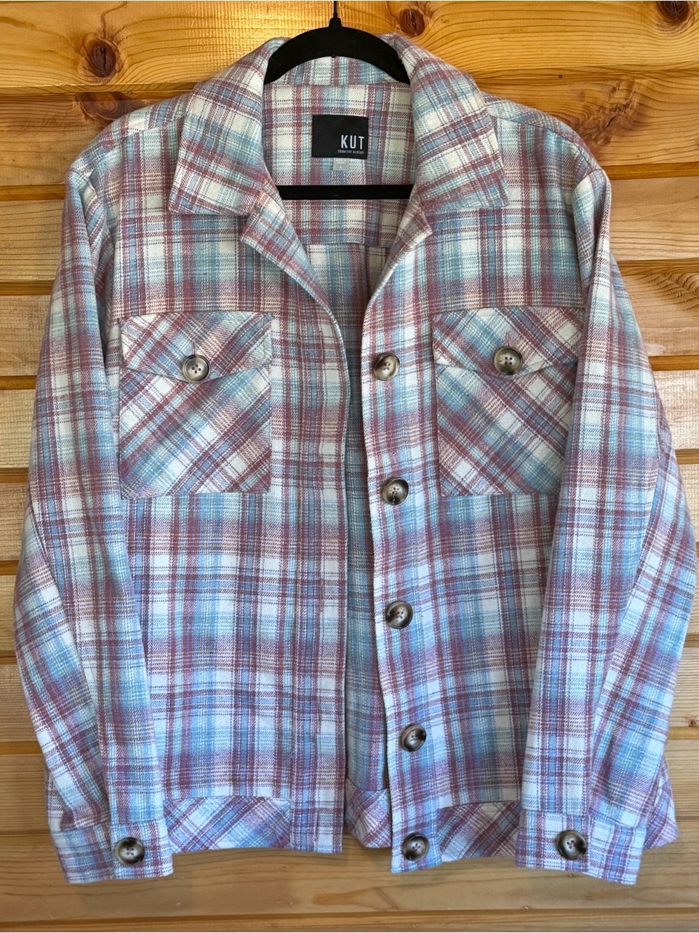 Kut from the Kloth Dusty Rose and Blue Plaid Utility Shacket